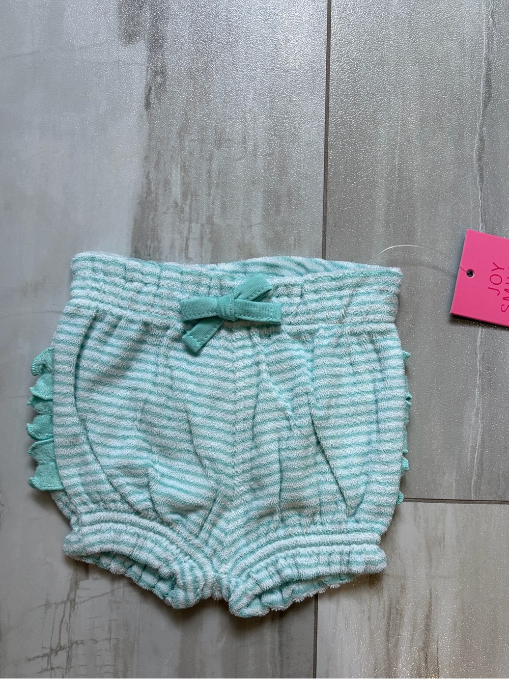 NWT RuffleButts Aqua Teal & White Stripe Pull On Terry Cloth Bubble Shorts 0-3M